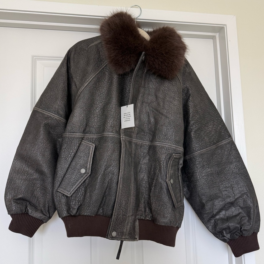 The Oversized Leather Bomber With Faux Fur Collar in Black